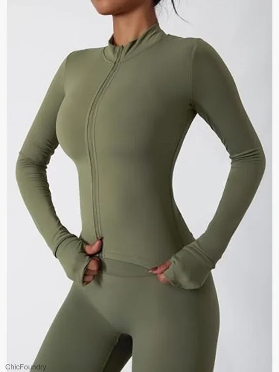 Long Sleeve Zipper Jacket with High Waist Leggings Workout Set - Picture 5 of 7